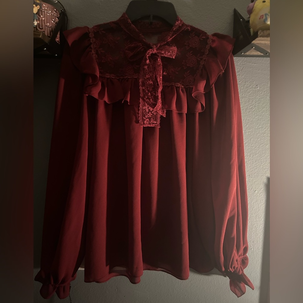 Burgundy sheer with lace top